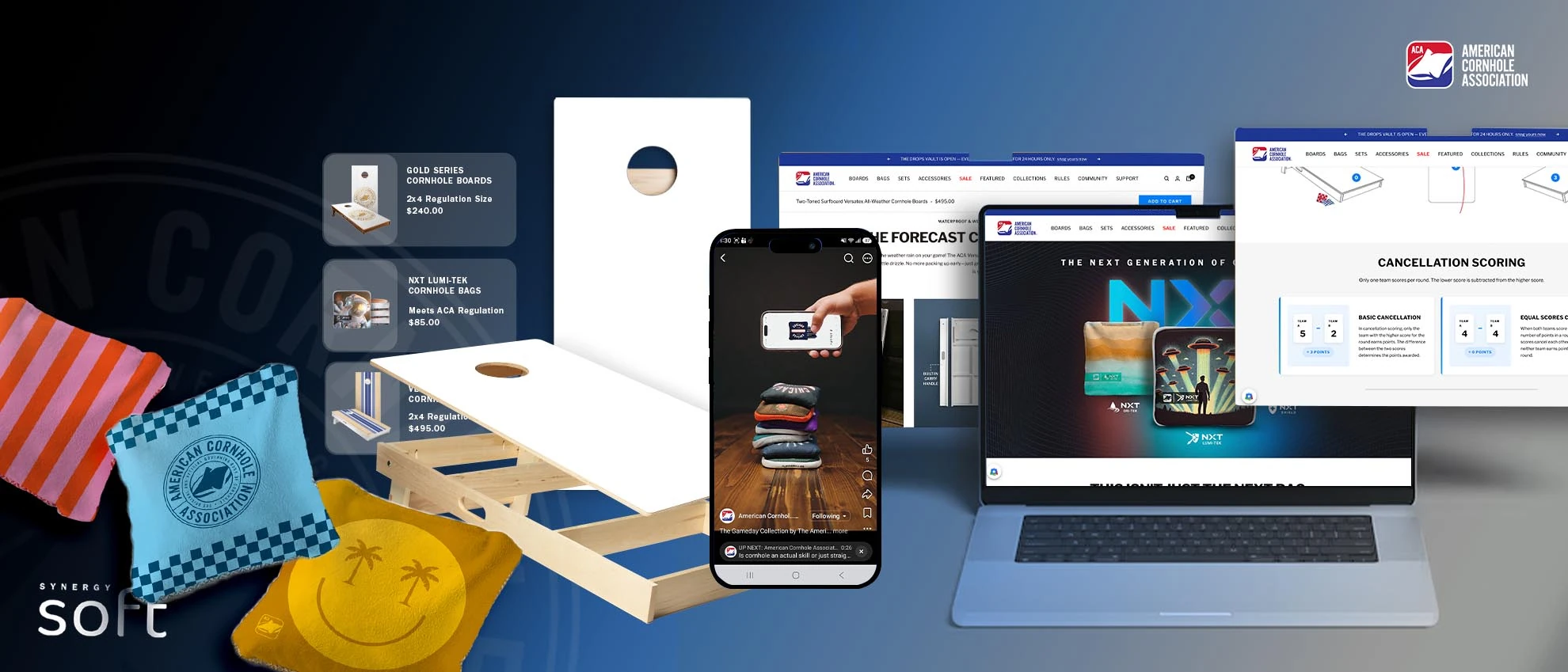 American Cornhole Association store, product pages and social content